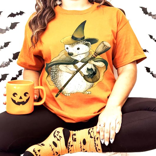 Enchanted Hedgehog Witch & Black Cat Art T-shirt