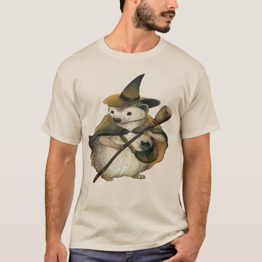 Enchanted Hedgehog Witch & Black Cat Art T-shirt (Voorkant)
