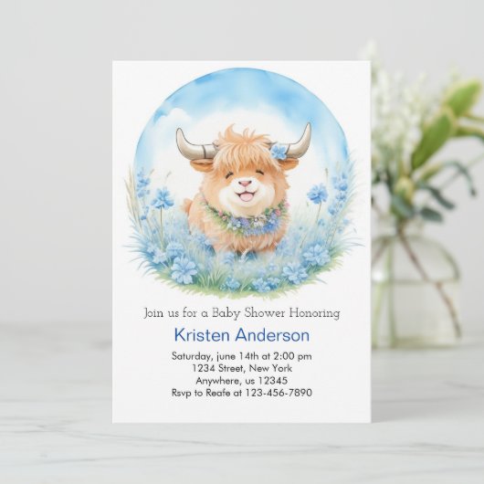 Enchanted Highland Koe Blissful Boy Baby shower Kaart (Staand voorkant)