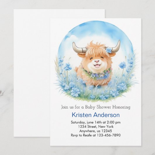 Enchanted Highland Koe Blissful Boy Baby shower Kaart (Voorkant / Achterkant)