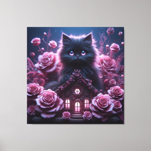 Enchanted Kitten Haven: 3D Dark Fantasy Kunstdruk Canvas Afdruk (Voorkant)
