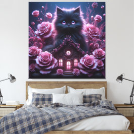 Enchanted Kitten Haven: 3D Dark Fantasy Kunstdruk Canvas Afdruk