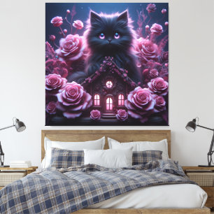 Enchanted Kitten Haven: 3D Dark Fantasy Kunstdruk Canvas Afdruk