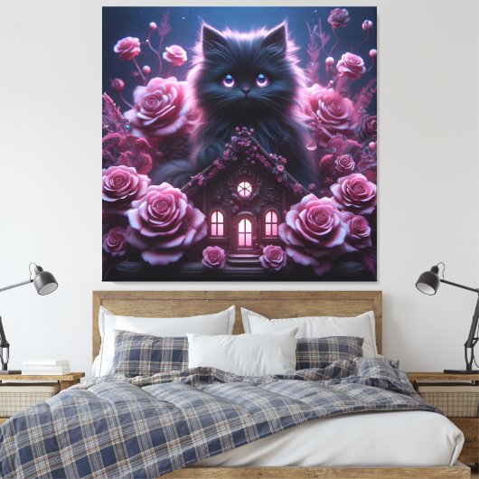 Enchanted Kitten Haven: 3D Dark Fantasy Kunstdruk Canvas Afdruk (Insitu (Slaapkamer))