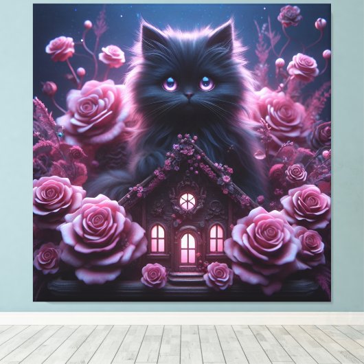 Enchanted Kitten Haven: 3D Dark Fantasy Kunstdruk Canvas Afdruk (Insitu (Houten vloer))