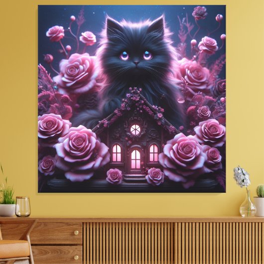 Enchanted Kitten Haven: 3D Dark Fantasy Kunstdruk Canvas Afdruk (Insitu (Woonkamer))