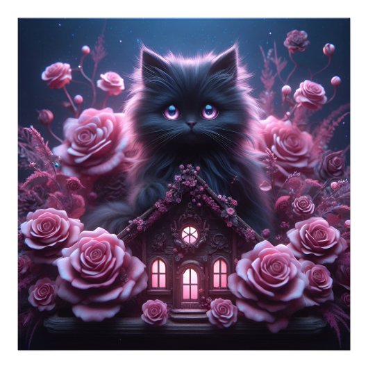 Enchanted Kitten Haven: 3D Dark Fantasy Kunstdruk Foto Afdruk (Voorkant)