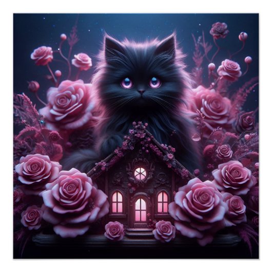 Enchanted Kitten Haven: 3D Dark Fantasy Kunstdruk Perfect Poster (Voorkant)
