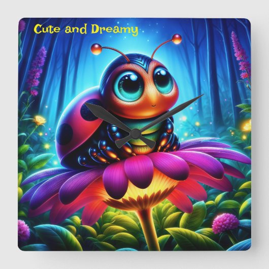 Enchanted Ladybug zachte gloeiende fantasie bloem Vierkante Klok (Voorkant)