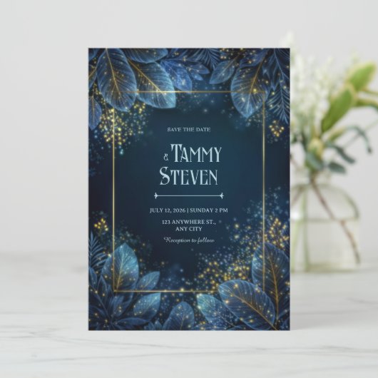 Enchanted Midnight Gold Leaf Forest Wedding Kaart (Staand voorkant)