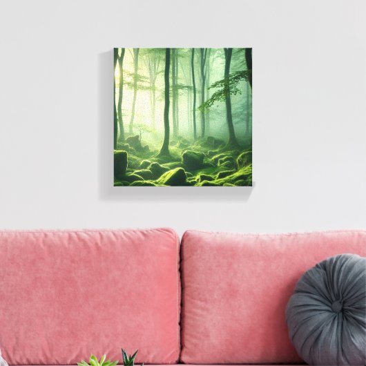 Enchanted Misty Forest Serene Green Woodland Scene Canvas Afdruk (Insitu (Woonkamer))