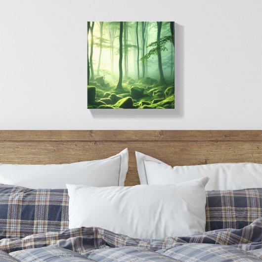 Enchanted Misty Forest Serene Green Woodland Scene Canvas Afdruk (Insitu (Slaapkamer))