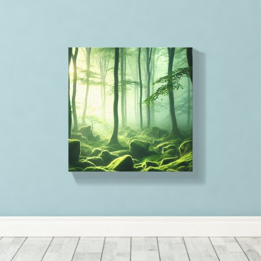 Enchanted Misty Forest Serene Green Woodland Scene Canvas Afdruk (Insitu (Houten vloer))