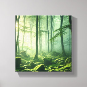 Enchanted Misty Forest Serene Green Woodland Scene Canvas Afdruk