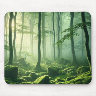 Enchanted Misty Forest Serene Green Woodland Scene Muismat