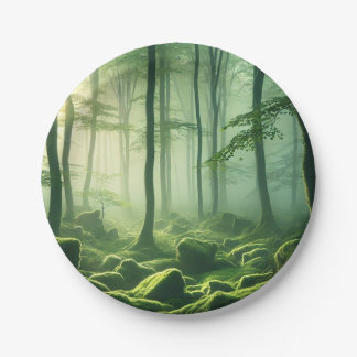 Enchanted Misty Forest Serene Green Woodland Scene Papieren Bordje