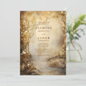 Enchanted Moon Forest Portal Gold Wedding Kaart (Staand voorkant)