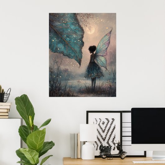 Enchanted Moonlit Leaf Fairy Fantasy Art Poster (Thuiskantoor)