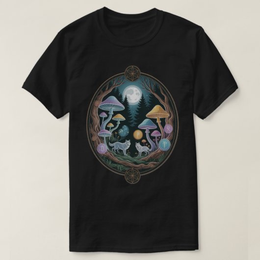 Enchanted Moonlit Wolves and Psychedelic Mushrooms T-shirt (Design voorkant)