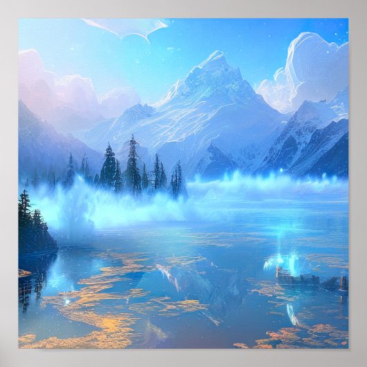 Enchanted Mountain Lake, een Mystical Blue Mist Poster (Voorkant)