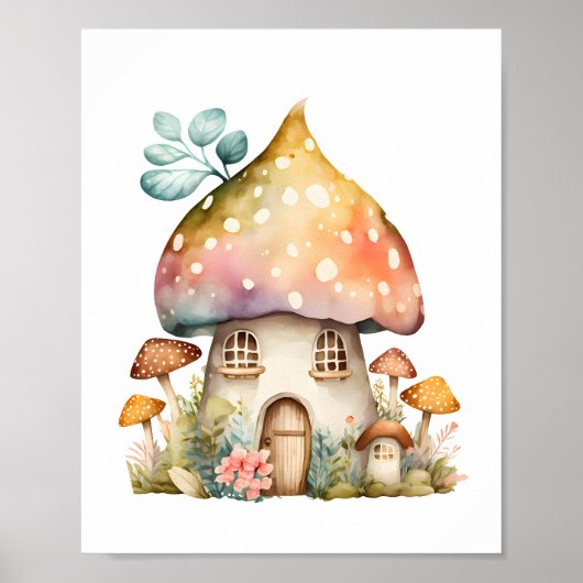 Enchanted Mushroom Cottage Waterverf Poster (Voorkant)
