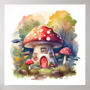 Enchanted Mushroom Cottage Waterverf Poster