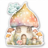 Enchanted Mushroom Cottage Waterverf Sticker (Voorkant)