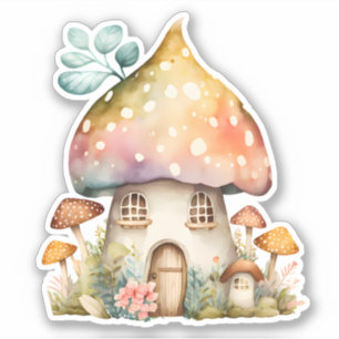 Enchanted Mushroom Cottage Waterverf Sticker