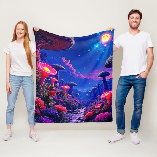 Enchanted Mushroom Forest Night Design Fleece Deken (In situ)