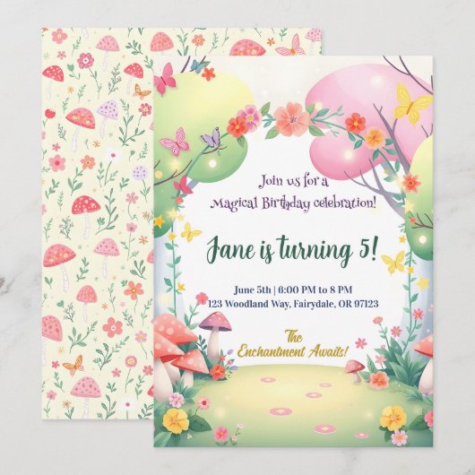 Enchanted Mushroom Forest Verjaardag uitnodiging (Voorkant / Achterkant)