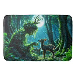 Enchanted nature guardian feeding a baby fawn badmat