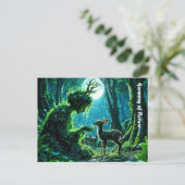 Enchanted nature guardian feeding a baby fawn briefkaart (Staand voorkant)