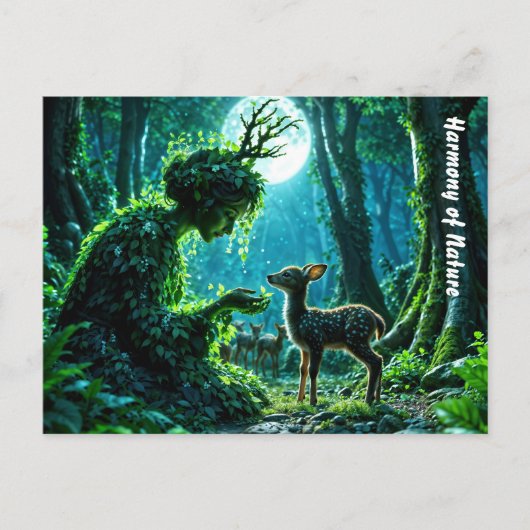 Enchanted nature guardian feeding a baby fawn briefkaart (Voorkant)