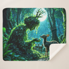 Enchanted nature guardian feeding a baby fawn sherpa deken