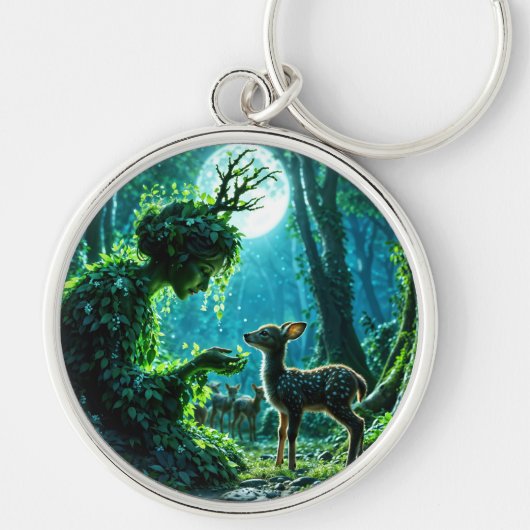 Enchanted nature guardian feeding a baby fawn sleutelhanger (Voorkant)