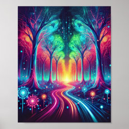 Enchanted Neon Forest: levendige gloeiende bomen Poster