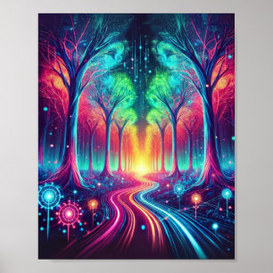 Enchanted Neon Forest: levendige gloeiende bomen Poster