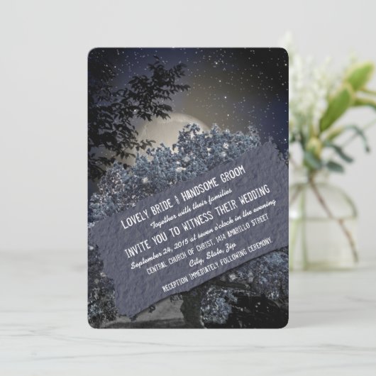 Enchanted Night Blue Tree Lights Wedding Invite Kaart (Staand voorkant)