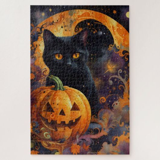 Enchanted Night: De kat en de pompoen Legpuzzel (Verticaal)