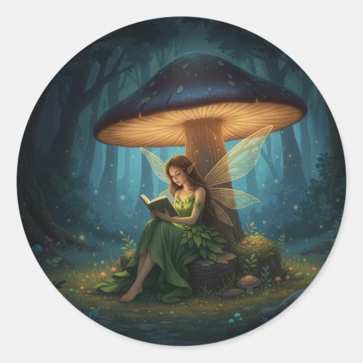Enchanted Night Fairy Reading a Book Ronde Sticker (Voorkant)