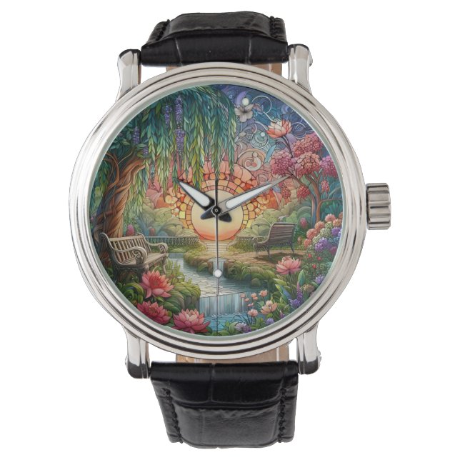 Enchanted Park Glas in lood Mozaïek Horloge (Voorkant)