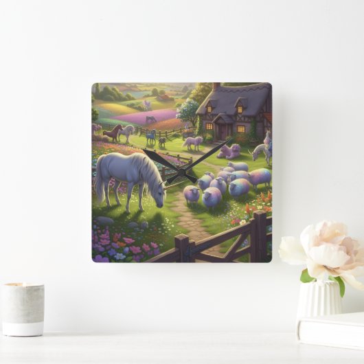 Enchanted pastures wall clock vierkante klok (Huis)