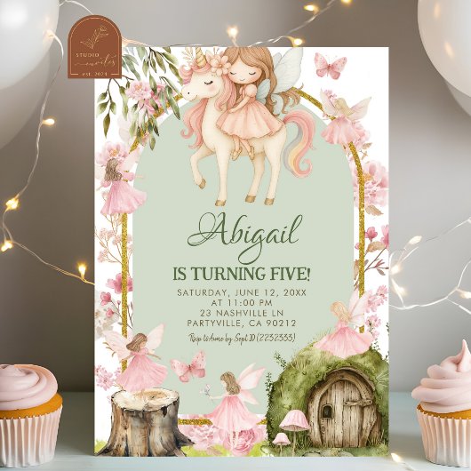Enchanted Pink Fairy and Unicorns Forest Birthday Kaart
