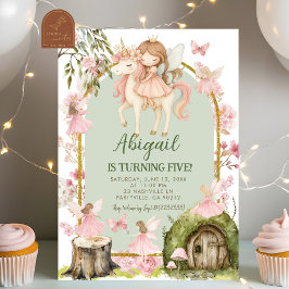 Enchanted Pink Fairy and Unicorns Forest Birthday Kaart