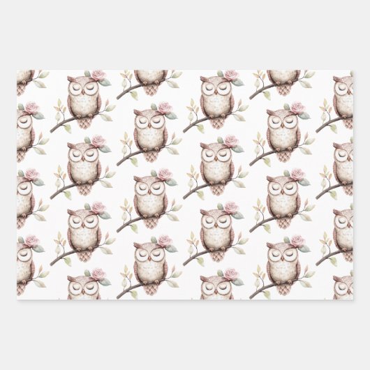 Enchanted Pink Flower Uil Verjaardag Inpakpapier Vel (Voorkant 2)