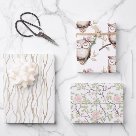 Enchanted Pink Flower Uil Verjaardag Inpakpapier Vel (Voorkant)