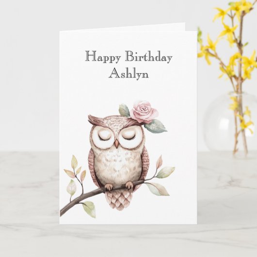 Enchanted Pink Flower Uil Verjaardag Kaart (Gele Bloem)