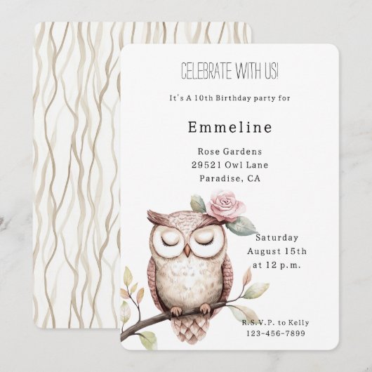 Enchanted Pink Flower Uil Verjaardag Kaart (Voorkant / Achterkant)