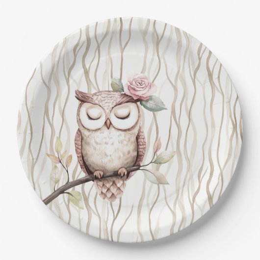 Enchanted Pink Flower Uil Verjaardag Papieren Bordje (Voorkant)