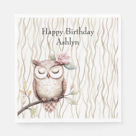 Enchanted Pink Flower Uil Verjaardag Servet (Voorkant)